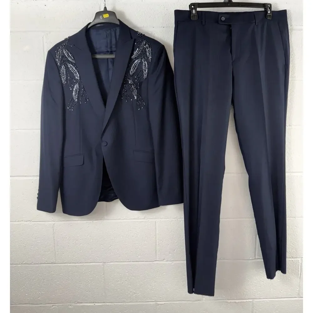 TORRES Mens Navy Suit US 44 EU 54 Beaded Sequin Embellished Jacket Pants Set N14